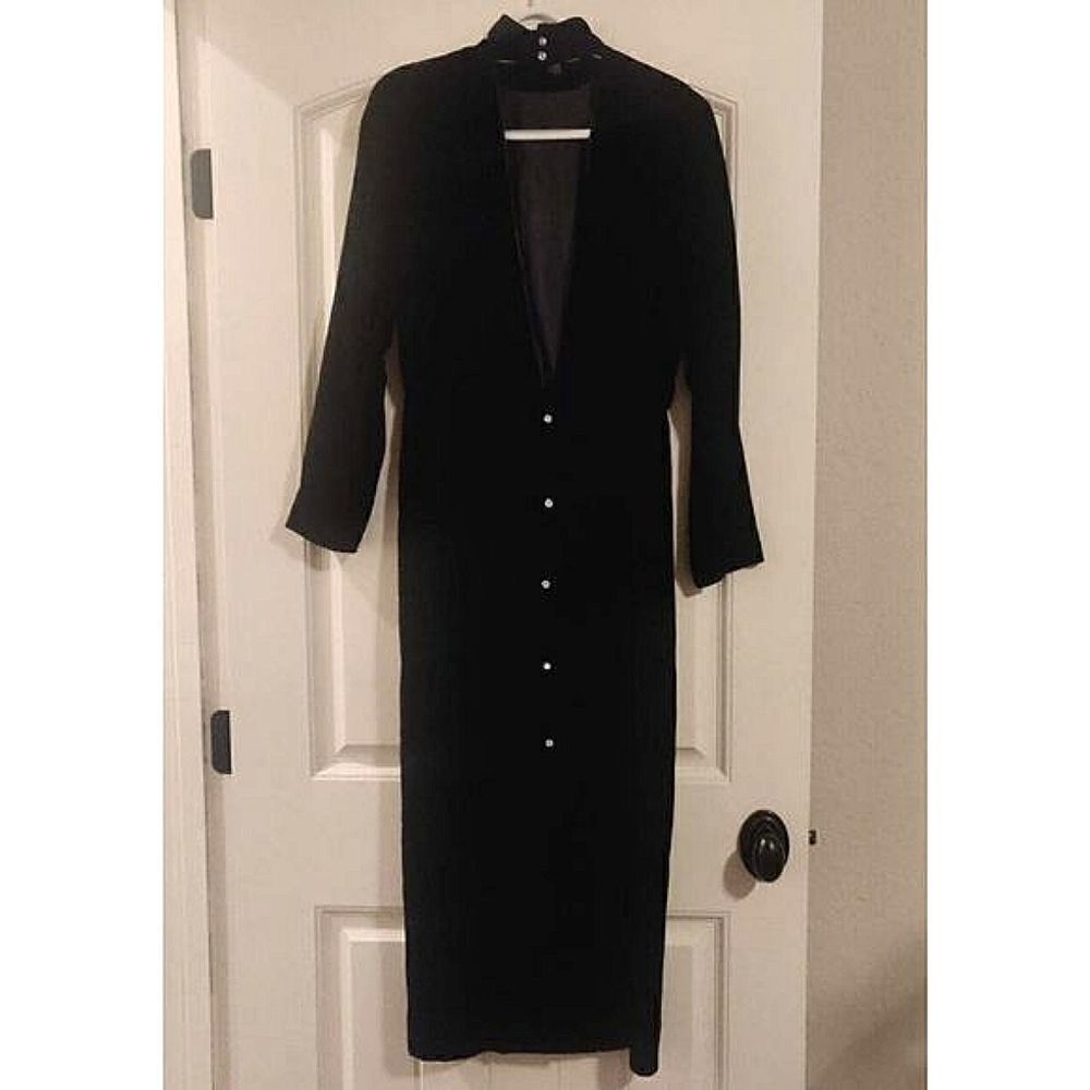 Vintage Velour Long Sleeve Black Maxi Dress with Rhinestone Closure & Collar